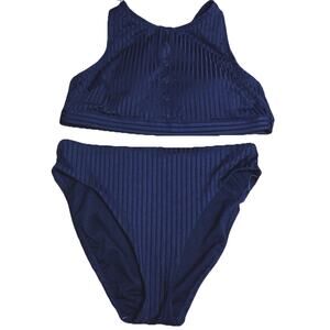 Womens Ribbed Swimsuit Bikini Set M Black Stretch High Waisted Summer Beach